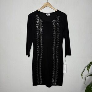 New Calvin Klein Rhinestone Black Long Sleeve Sweater Dress Women's Medium